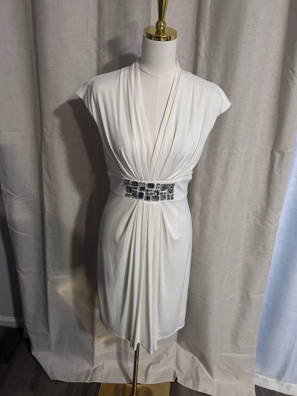 Maggy London White V-Neck Draped Mini Dress with Jeweled Waist
